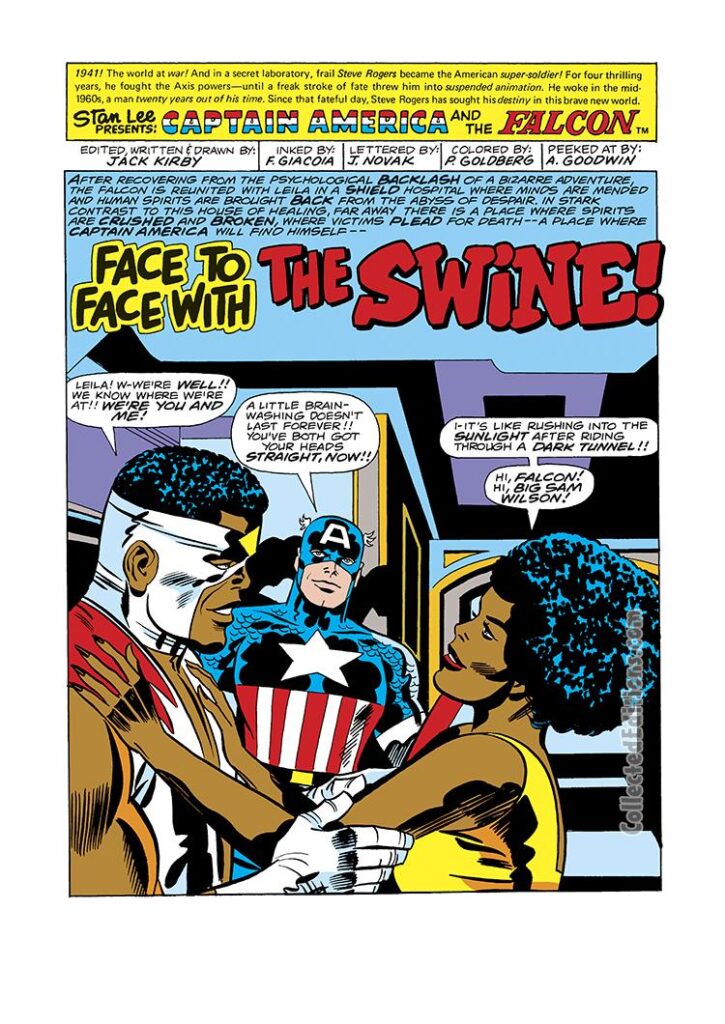 Captain America #206, pg. 1; pencils, Jack Kirby; The Swine/Leila Taylor/Falcon/Sam Wilson