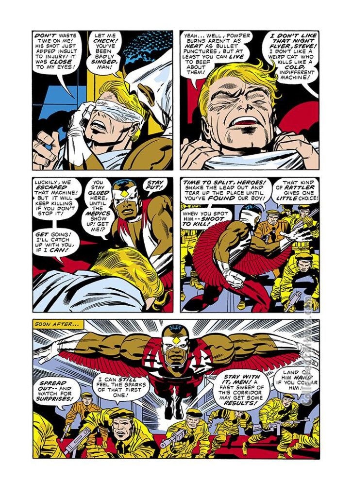 Captain America #214, pg. 7; pencils, Jack Kirby; inks, Mike Royer; Steve Rogers/The Falcon/Sam Wilson
