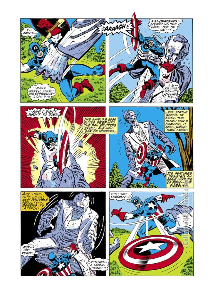 Captain America #222, pg. 15; pencils, Sal Buscema; Steve Rogers vs. Abraham Lincoln statue