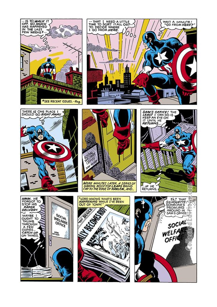 Captain America #231, pg. 12; layouts, Sal Buscema; pencils and inks, Don Perlin; Sam Wilson, social worker, Roger McKenzie writer, script