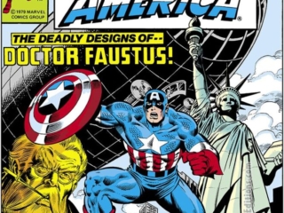 Captain America #236 cover; pencils, Keith Pollard; inks, Joe Sinnott; The Deadly Designs of Doctor Faustus, Statue of Liberty, Goodyear Blimp