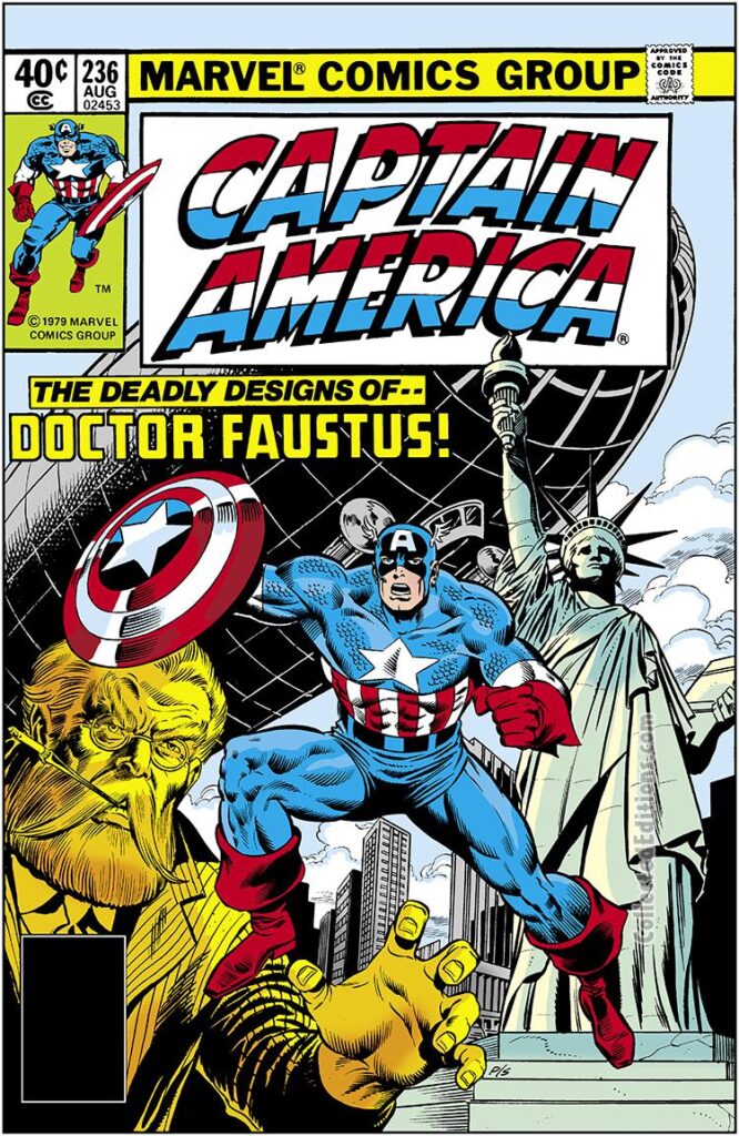 Captain America #236 cover; pencils, Keith Pollard; inks, Joe Sinnott; The Deadly Designs of Doctor Faustus, Statue of Liberty, Goodyear Blimp