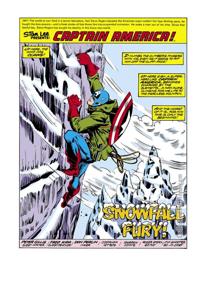 Captain America #238, pg. 1; pencils, Fred Kida; inks, Don Perlin; splash page, Snowfall Fury, Peter Gillis, Roger Stern