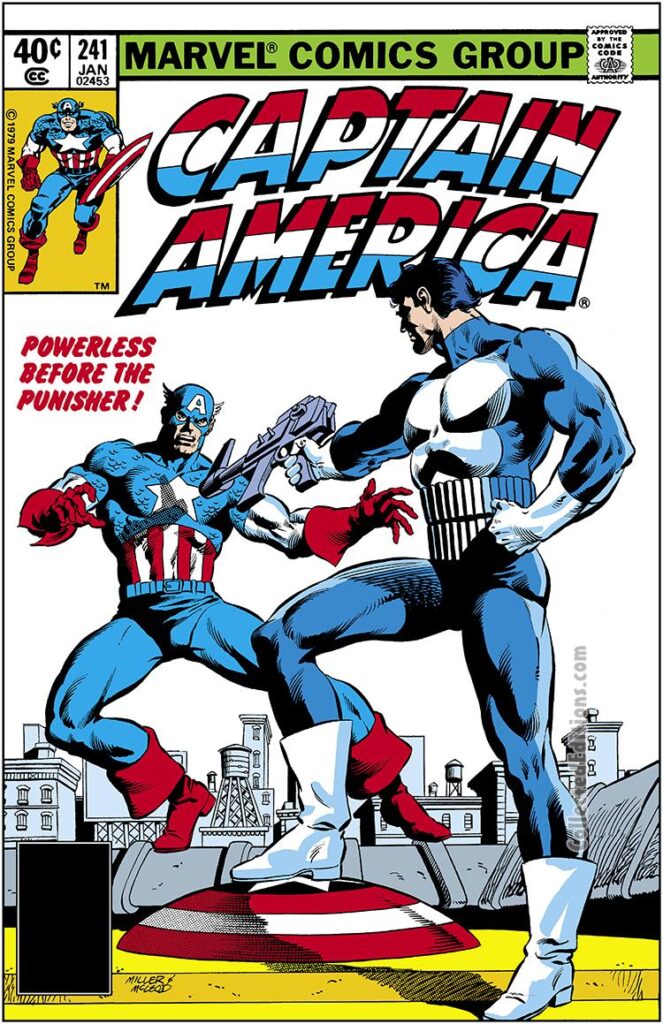 Captain America #241 cover; pencils, Frank Miller; inks, Bob McLeod; Powerless Before the Punisher, Frank Castle, Steve Rogers
