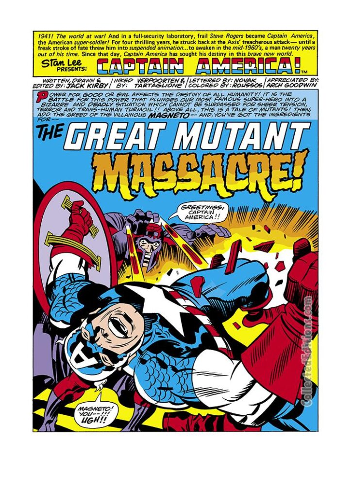 Captain America Annual #4, pg. 1; pencils, Jack Kirby; inks, John Tartaglione, John Verpoorten; The Great Mutant Massacre, Magneto, X-Men