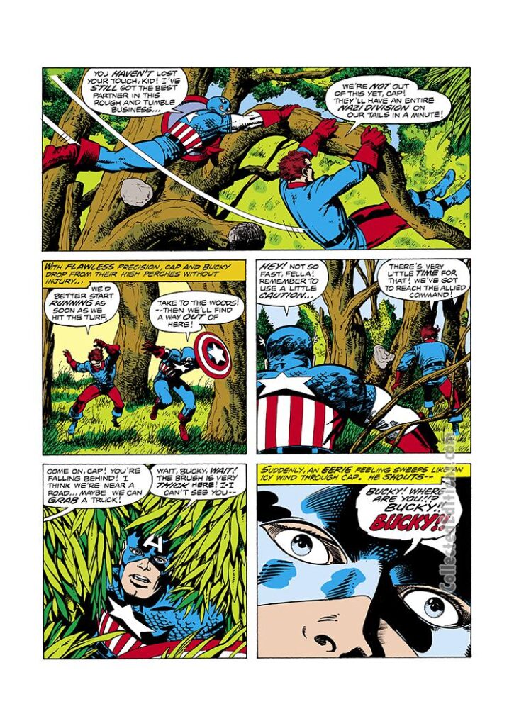 Bicentennial Battles #1, pg. 11; pencils, Jack Kirby; inks, Barry Windsor-Smith; Captain America/Bucky Barnes