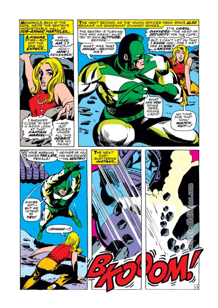 Captain Marvel #1, pg. 13; pencils, Gene Colan; inks, Vince Colletta; Carol Danvers, Mar-Vell; origin