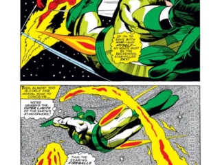 Captain Marvel #3, pg. 9; pencils, Gene Colan; inks, Vince Colletta; Super-Skrull, Mar-Vell, green costume, outer spacec, cosmic