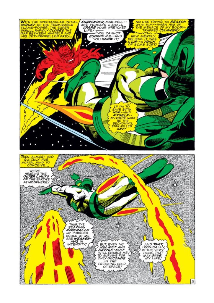 Captain Marvel #3, pg. 9; pencils, Gene Colan; inks, Vince Colletta; Super-Skrull, Mar-Vell, green costume, outer spacec, cosmic