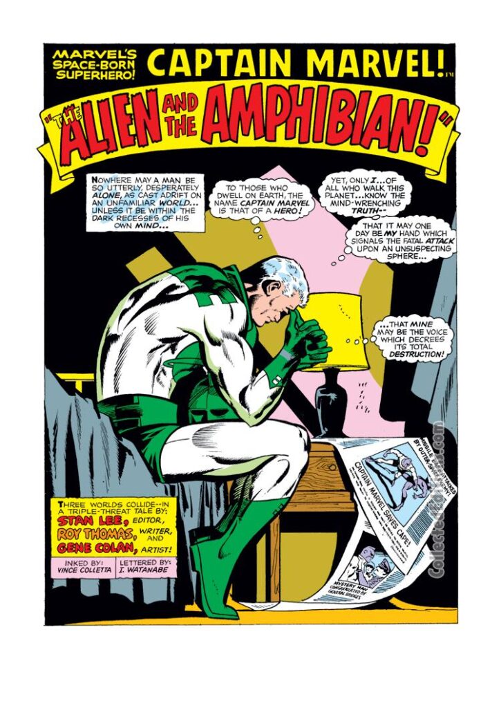 Captain Marvel #4, pg. 1; pencils, Gene Colan; inks, Vince Colletta; Mar-Vell,
