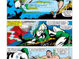 Captain Marvel #4, pg. 17; pencils, Gene Colan; inks, Vince Colletta; Mar-Vell, green costume, Sub-Mariner, Namor