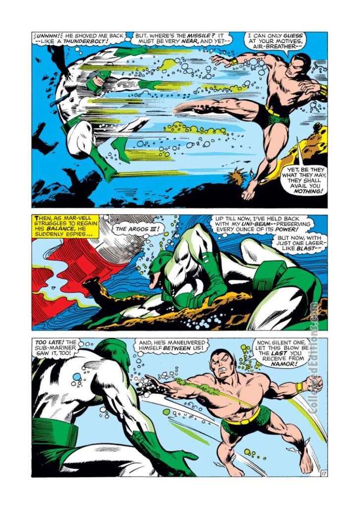 Captain Marvel #4, pg. 17; pencils, Gene Colan; inks, Vince Colletta; Mar-Vell, green costume, Sub-Mariner, Namor