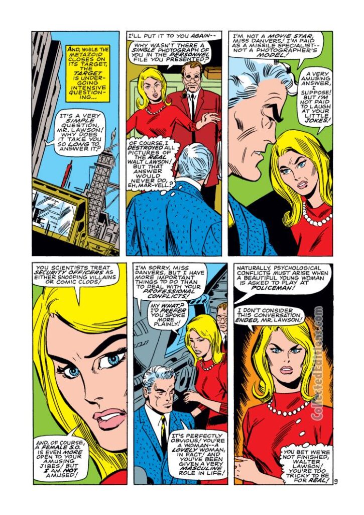 Captain Marvel #5, pg. 9; pencils, Don Heck; inks, John Tartaglione; Carol Danvers, NASA Security agent, Walter Lawson
