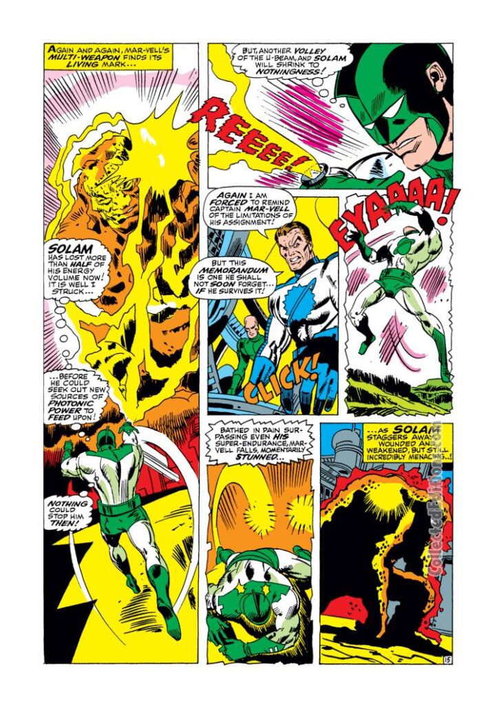 Captain Marvel #6, pg. 15; pencils, Don Heck; inks, John Tartaglione; Yon-Rogg, Kree warriors, Mar-Vell, Solam