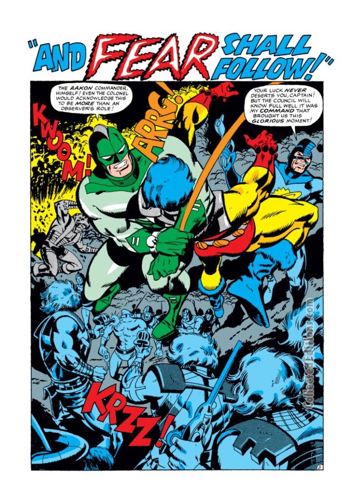 Captain Marvel #8, pg. 3; pencils, Don Heck; inks, Vince Colletta; "And Fear Shall Follow"; Mar-Vell; Roy Thomas, Aakon commander, Kree warriors