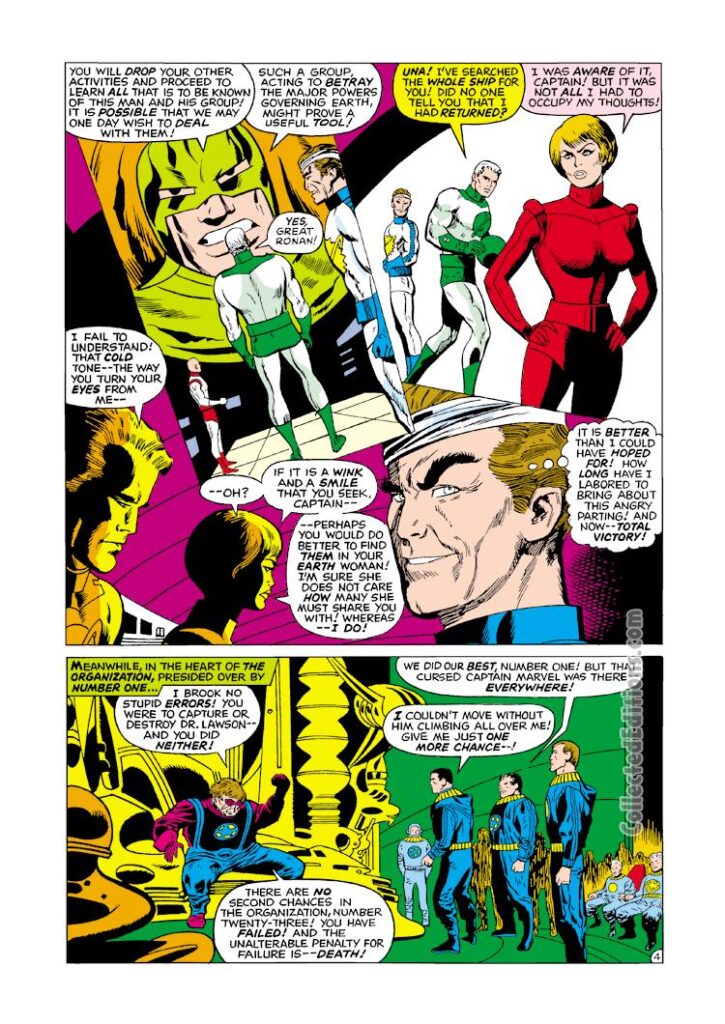 Captain Marvel #10, pg. 4; pencils, Don Heck; inks, Vince Colletta; Mar-Vell, Ronan the Accuser, Medic Una, Col. Yon-Rogg, Kree, Number One