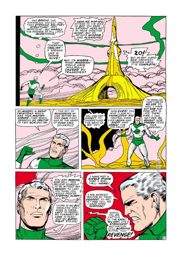 Captain Marvel #11, pg. 17; pencils, Dick Ayers; inks, Vince Colletta; Mar-Vell, Kree green costume, Zo