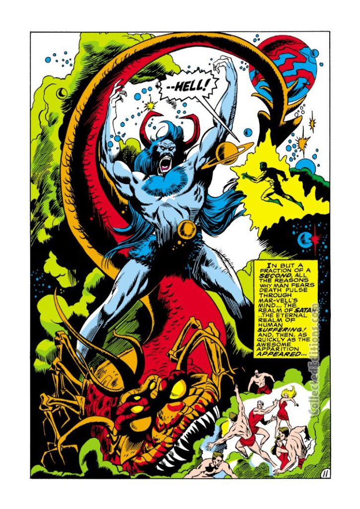 Captain Marvel #15, pg. 11; layouts, Gary Friedrich; pencils, Tom Sutton; inks, Dan Adkins; Mar-Vell, the Realm of Satan