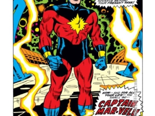 Captain Marvel #16, pg. 18; pencils, Don Heck; inks, Syd Shores; Captain Mar-Vell, new costume, red and black, starburst chest