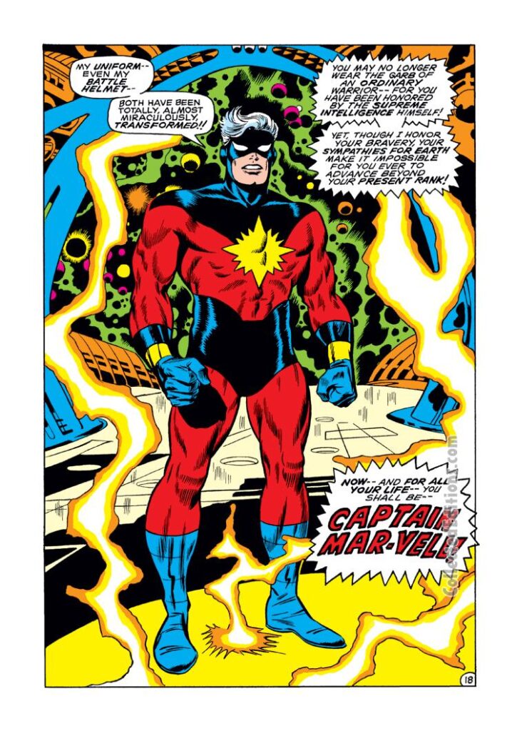 Captain Marvel #16, pg. 18; pencils, Don Heck; inks, Syd Shores; Captain Mar-Vell, new costume, red and black, starburst chest