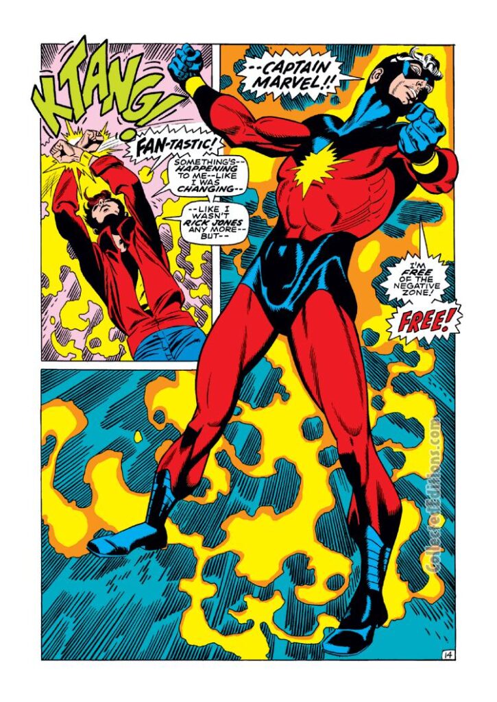 Captain Marvel #17, pg. 14; pencils, Gil Kane; inks, Dan Adkins; Rick Jones, Nega-Bands, Mar-Vell