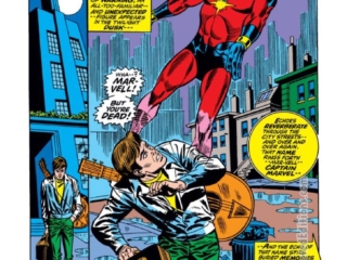 Captain Marvel #22, pg. 1; pencils, Wayne Boring; inks, Frank Giacoia: Rick Jones, guitar, musician, Mar-Vell, Roy Thomas, splash page