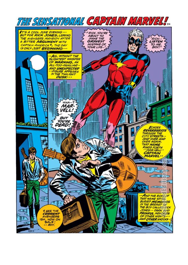 Captain Marvel #22, pg. 1; pencils, Wayne Boring; inks, Frank Giacoia: Rick Jones, guitar, musician, Mar-Vell, Roy Thomas, splash page