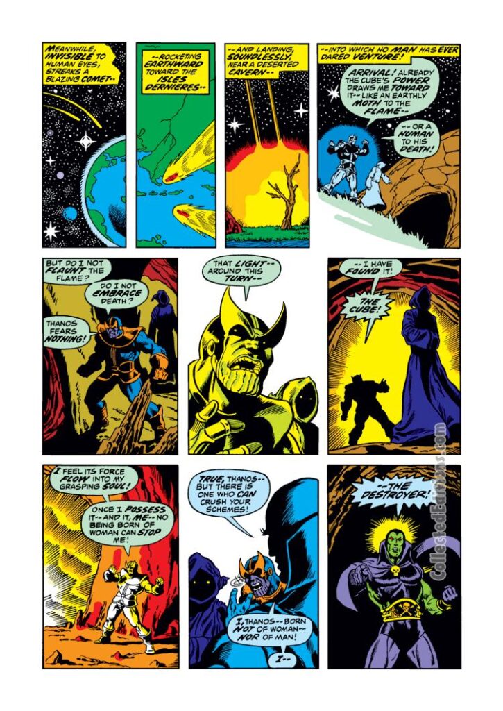 Captain Marvel #27, pg. 9; pencils, Jim Starlin; inks, Pablo Marcos; Thanos, Mar-Vell