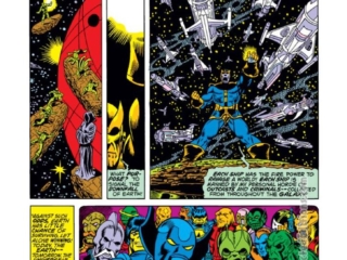 Captain Marvel #31, pg. 9; pencils, Jim Starlin; inks, Dan Green, Al Milgrom; Thanos, Mar-Vell