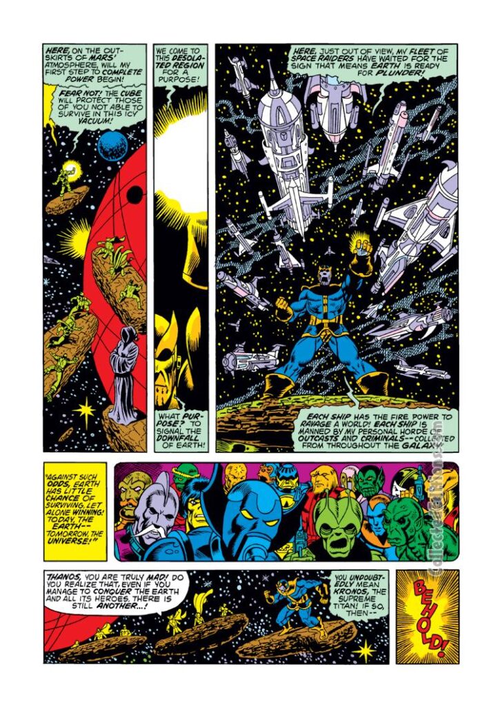 Captain Marvel #31, pg. 9; pencils, Jim Starlin; inks, Dan Green, Al Milgrom; Thanos, Mar-Vell