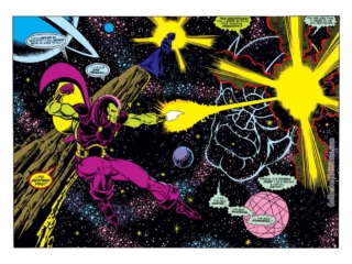 Captain Marvel #32, pgs. 9-10; pencils, Jim Starlin; inks, Dan Green; Drax the Destroyer, Thanos, Double-page spread