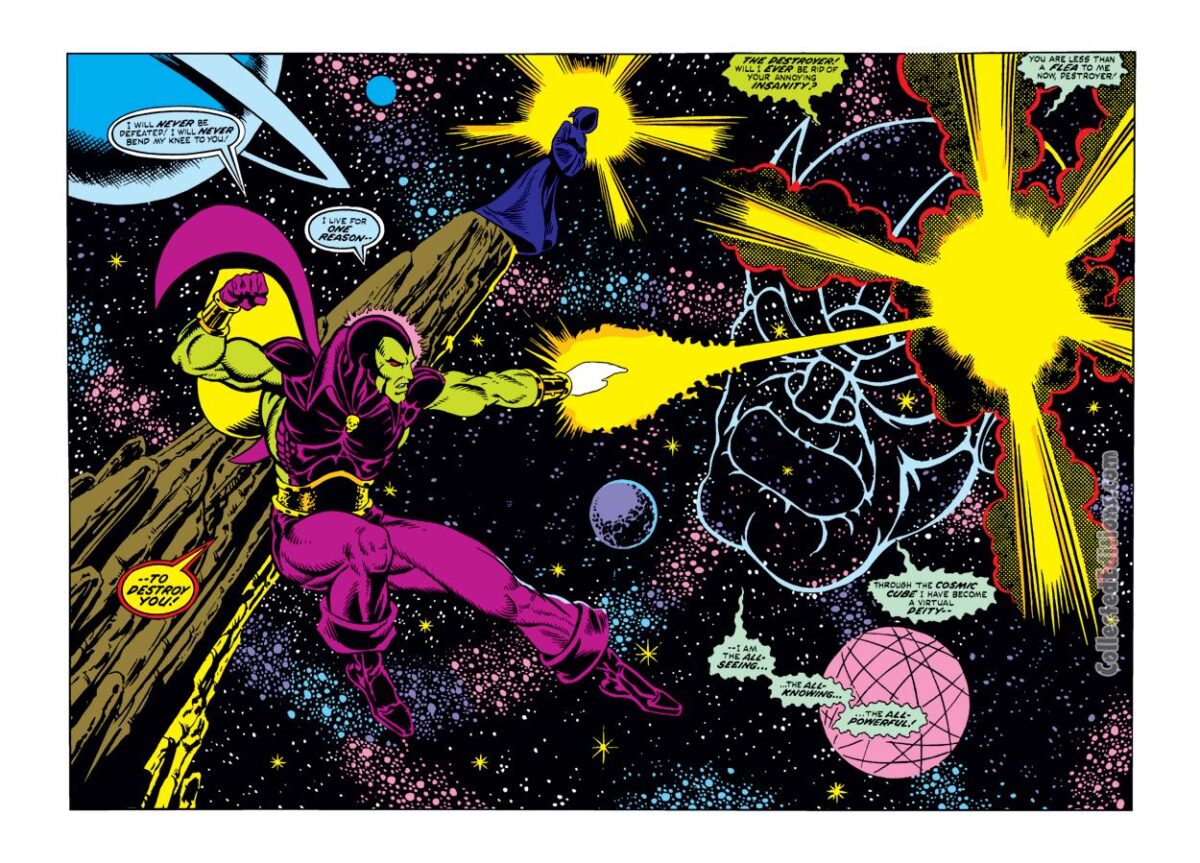 Captain Marvel #32, pgs. 9-10; pencils, Jim Starlin; inks, Dan Green; Drax the Destroyer, Thanos, Double-page spread