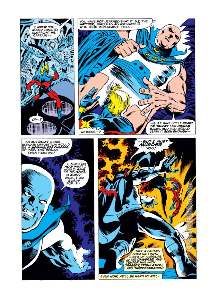 Captain Marvel #37, pg. 15; pencils, Al Milgrom; inks, Klaus Janson; Uatu the Watcher; Mar-Vell