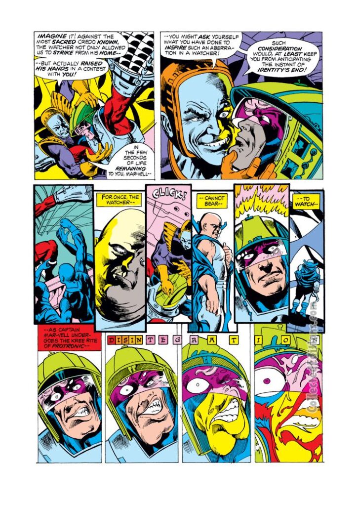 Captain Marvel #38, pg. 5; pencils, Al Milgrom; inks, Klaus Janson; Mar-Vell, Uatu the Watcher, Lunatic Legion