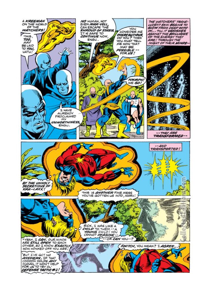 Captain Marvel #39, pg. 3; pencils, Al Milgrom; inks, Klaus Janson; Watchers, Uatu, Engu, Mar-Vell, Rick Jones, nega-band