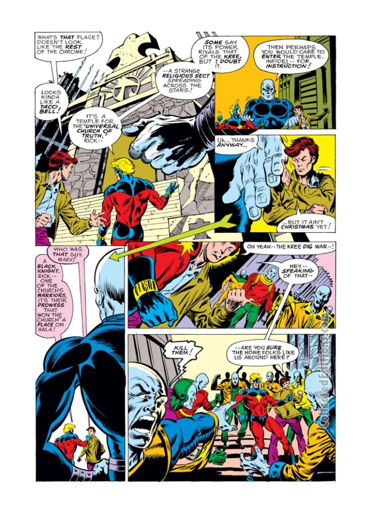 Captain Marvel #41, pg. 5; pencils and inks, Al Milgrom; Mar-Vell, Rick Jones, Ronan the Accuser