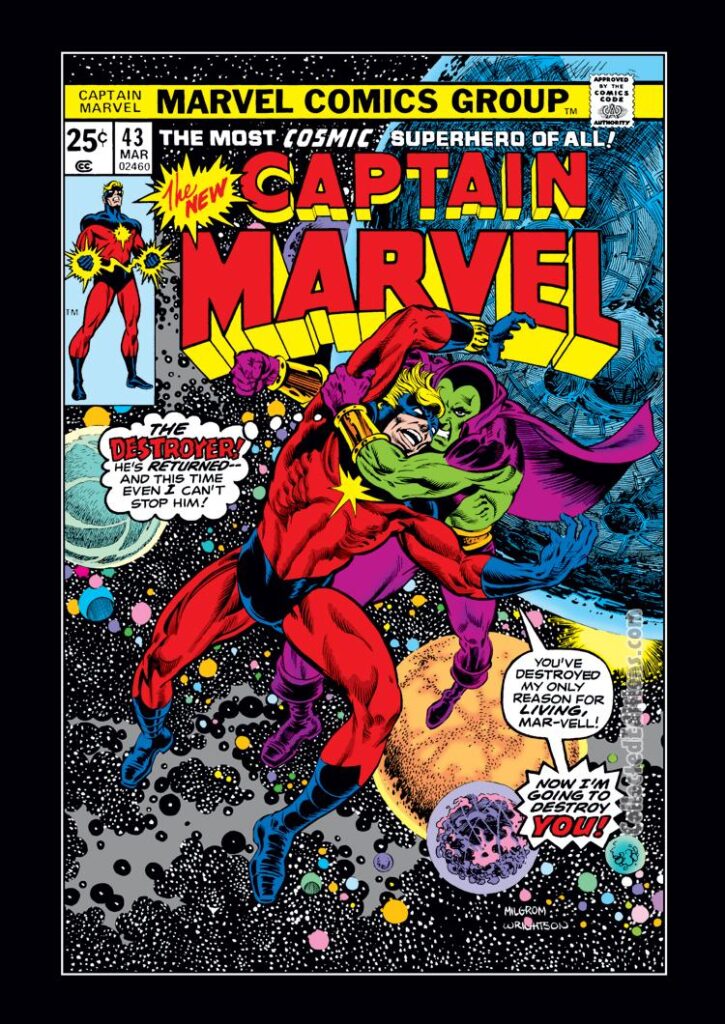 Captain Marvel #43 cover; pencils, Al Milgrom; inks, Bernie Wrightson; Drax the Destroyer, Mar-Vell