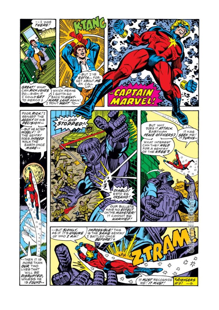Captain Marvel #47, pg. 14; pencils, Al Milgrom; inks, Terry Austin; Rick Jones, Mar-Vell, Nega-Bands, Sentry, Kree