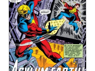 Captain Marvel #49, pg. 1; pencils, Al Milgrom; inks, Terry Austin; Asylum Earth splash page, Scott Edelman, Mar-Vell, Rick Jones