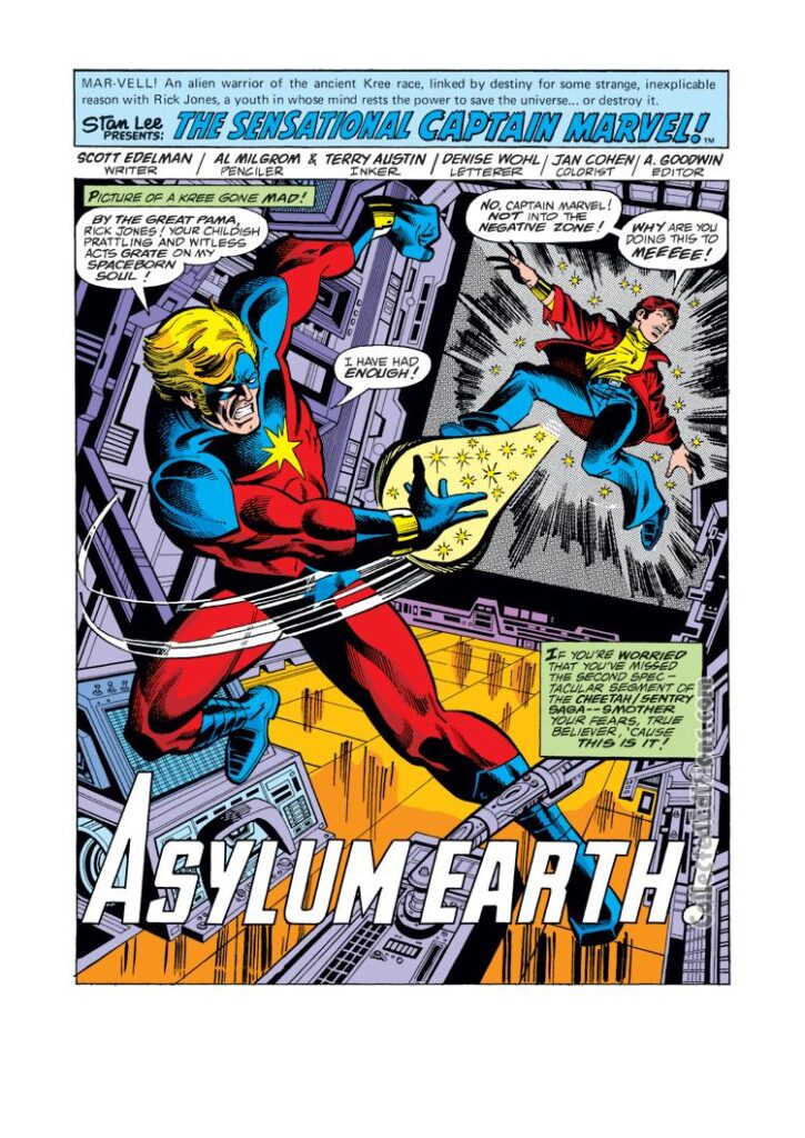 Captain Marvel #49, pg. 1; pencils, Al Milgrom; inks, Terry Austin; Asylum Earth splash page, Scott Edelman, Mar-Vell, Rick Jones