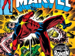 Captain Marvel #49 cover; pencils, Al Milgrom; inks, Steve Leialoha; Ronan the Accuser, Mar-Vell, Asylum earth