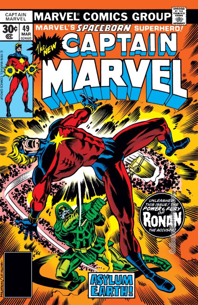 Captain Marvel #49 cover; pencils, Al Milgrom; inks, Steve Leialoha; Ronan the Accuser, Mar-Vell, Asylum earth