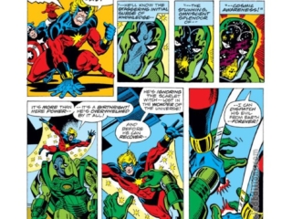Captain Marvel #50, pg. 16; pencils, Al Milgrom; inks, Terry Austin; Adaptoid, Scarlet Witch, Mar-Vell
