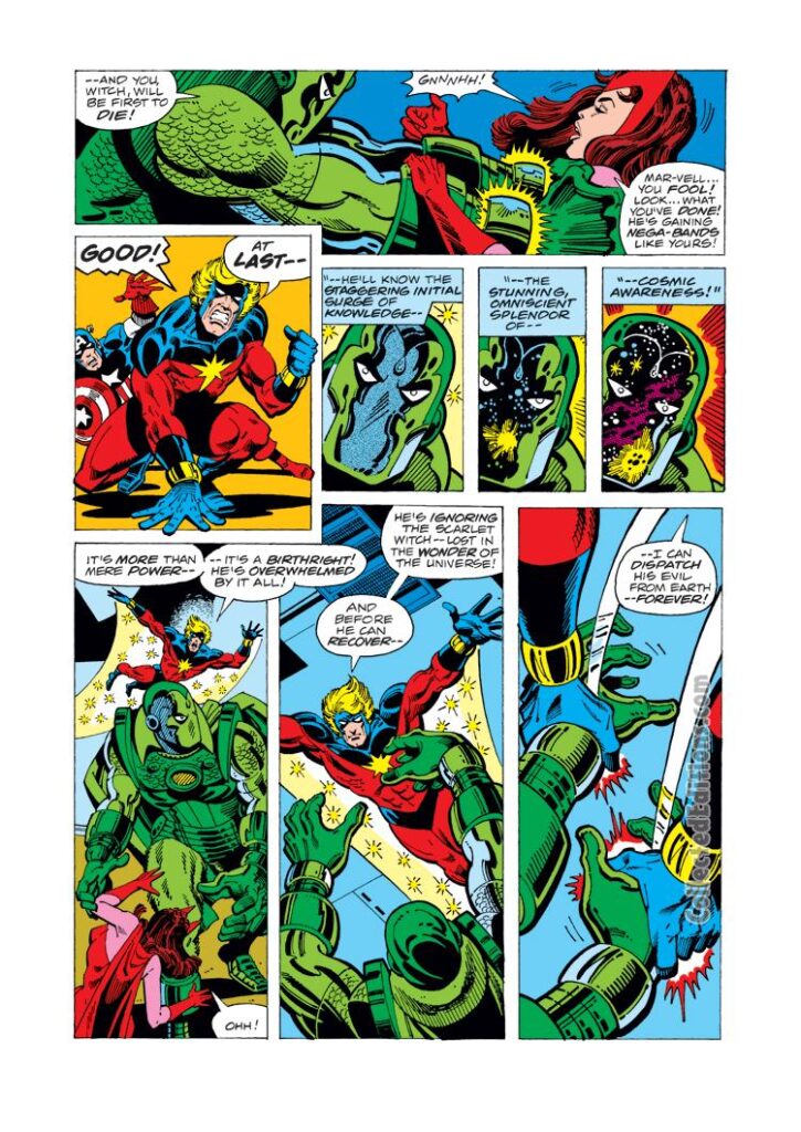 Captain Marvel #50, pg. 16; pencils, Al Milgrom; inks, Terry Austin; Adaptoid, Scarlet Witch, Mar-Vell