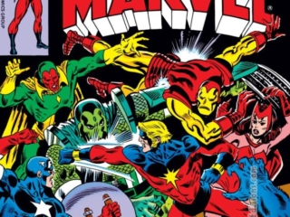 Captain Marvel #50 cover; pencils and inks, Al Milgrom; Mar-Vell, The Adaptoid, the Avengers, Iron Man, Vision, Scarlet Witch, Beast, Captain America