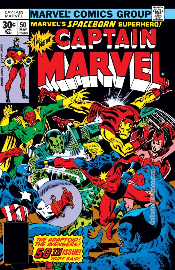 Captain Marvel #50 cover; pencils and inks, Al Milgrom; Mar-Vell, The Adaptoid, the Avengers, Iron Man, Vision, Scarlet Witch, Beast, Captain America