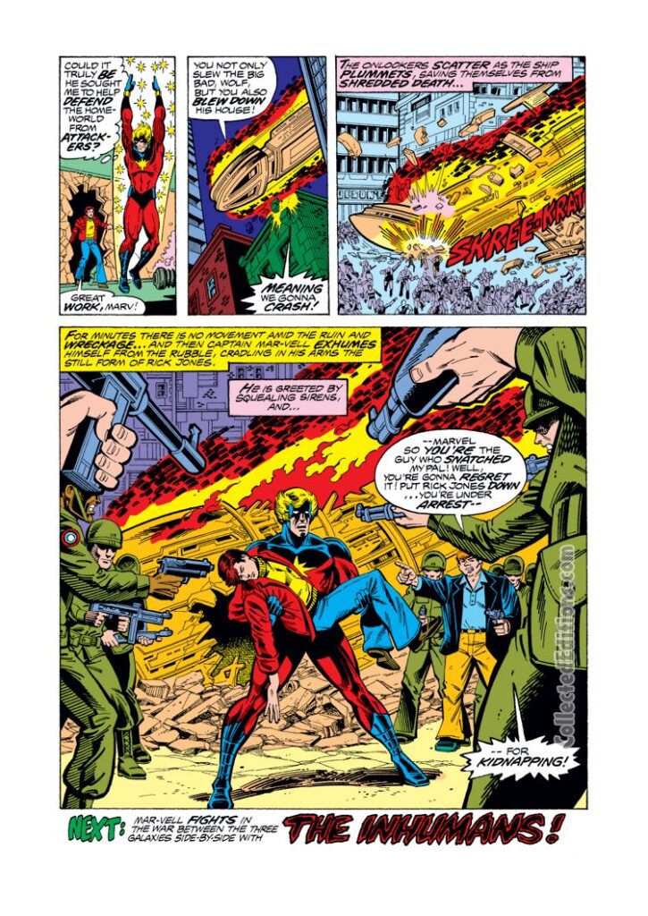 Captain Marvel #52, pg. 17; pencils, Al Milgrom; inks, Terry Austin; Mar-Vell, Rick Jones, nega-bands