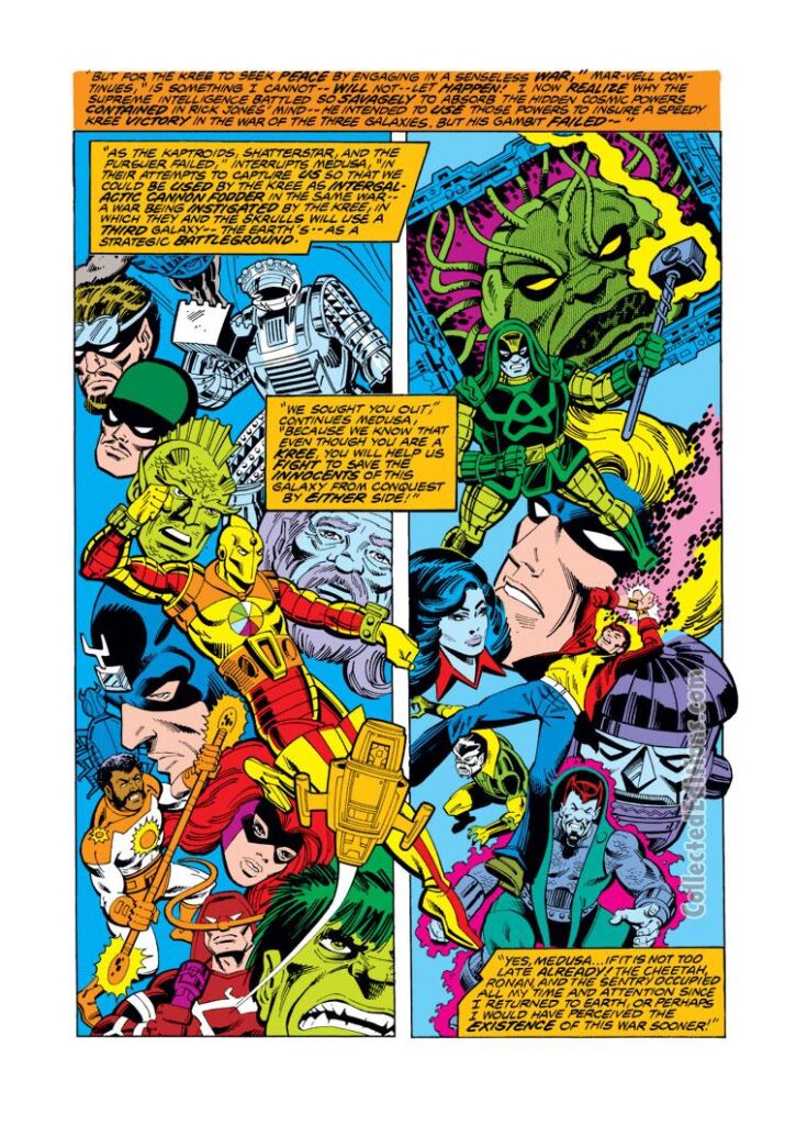Captain Marvel #53, pg. 6; pencils, Al Milgrom; inks, Bob Wiacek; Inhumans, Supreme Intelligence, Ronan the Accuser