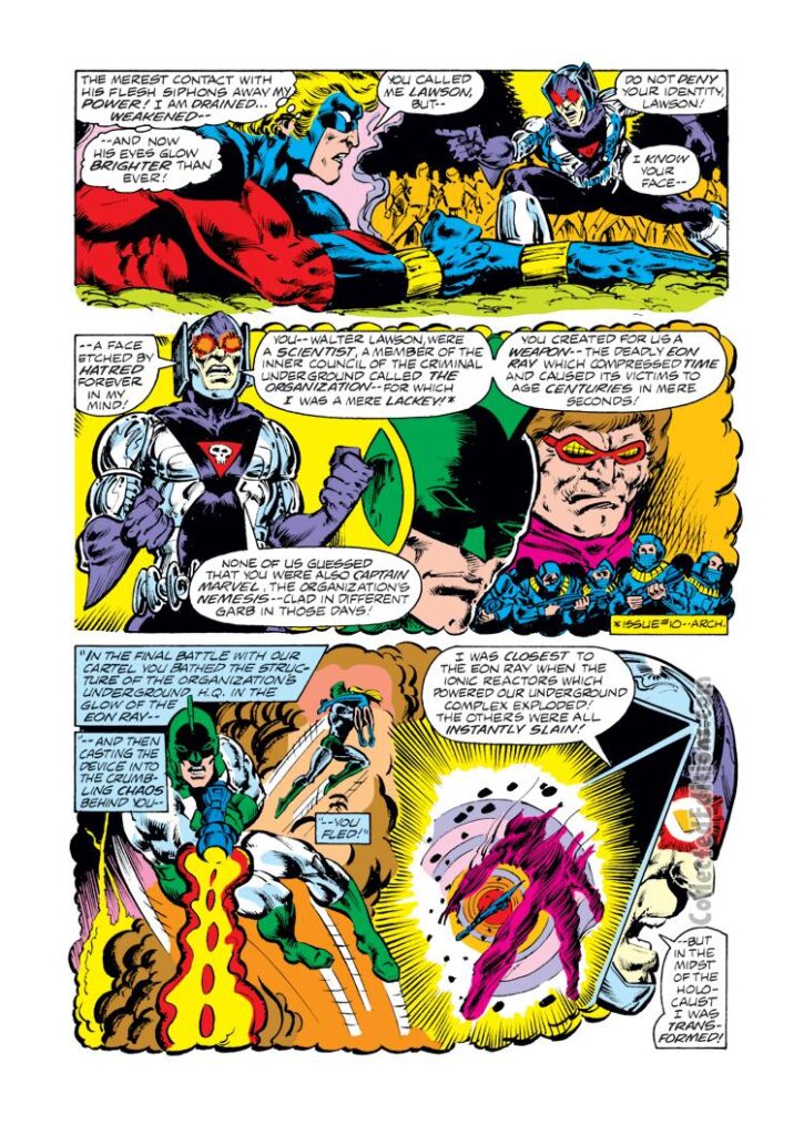 Captain Marvel #55, pg. 14; pencils, Pat Broderick; inks, Bob Wiacek; Death-Grip, Mar-Vell, Walter Lawson