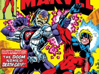 Captain Marvel #55 cover; pencils, Pat Broderick; inks, Bob McLeod; The Doom Named Death-Grip, Mar-Vell